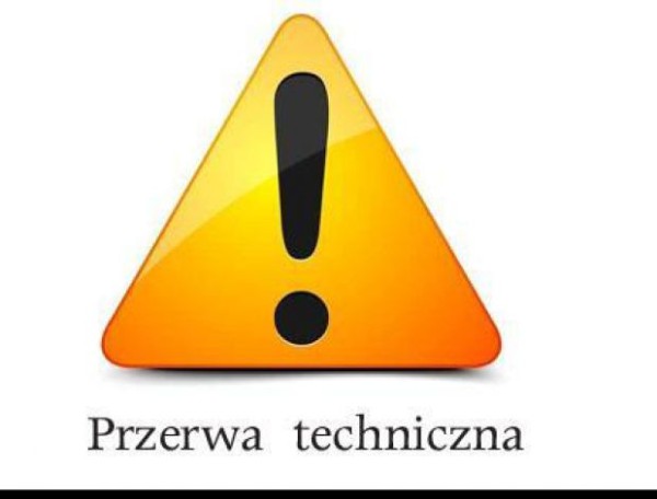 PRZERWA TECHNICZNA - BASEN 50M | Zdjęcie przedstawia pomarańczowy trójkąt z czarnym wykrzyknikiem, pod trójkątem napis czarnymi literami przerwa techniczna.