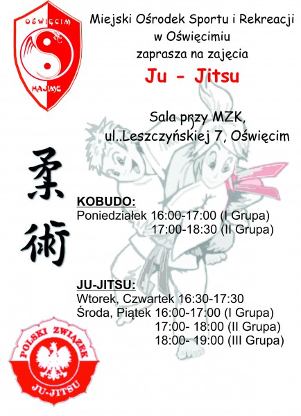 OD 1 WRZEŚNIA 2021R. ZAPRASZAMY NA JU- JITSU I KOBUDO | PLAKAT INFORMUJĄCY O ZAJĘCIACH JU-JITSU I KOBUDO